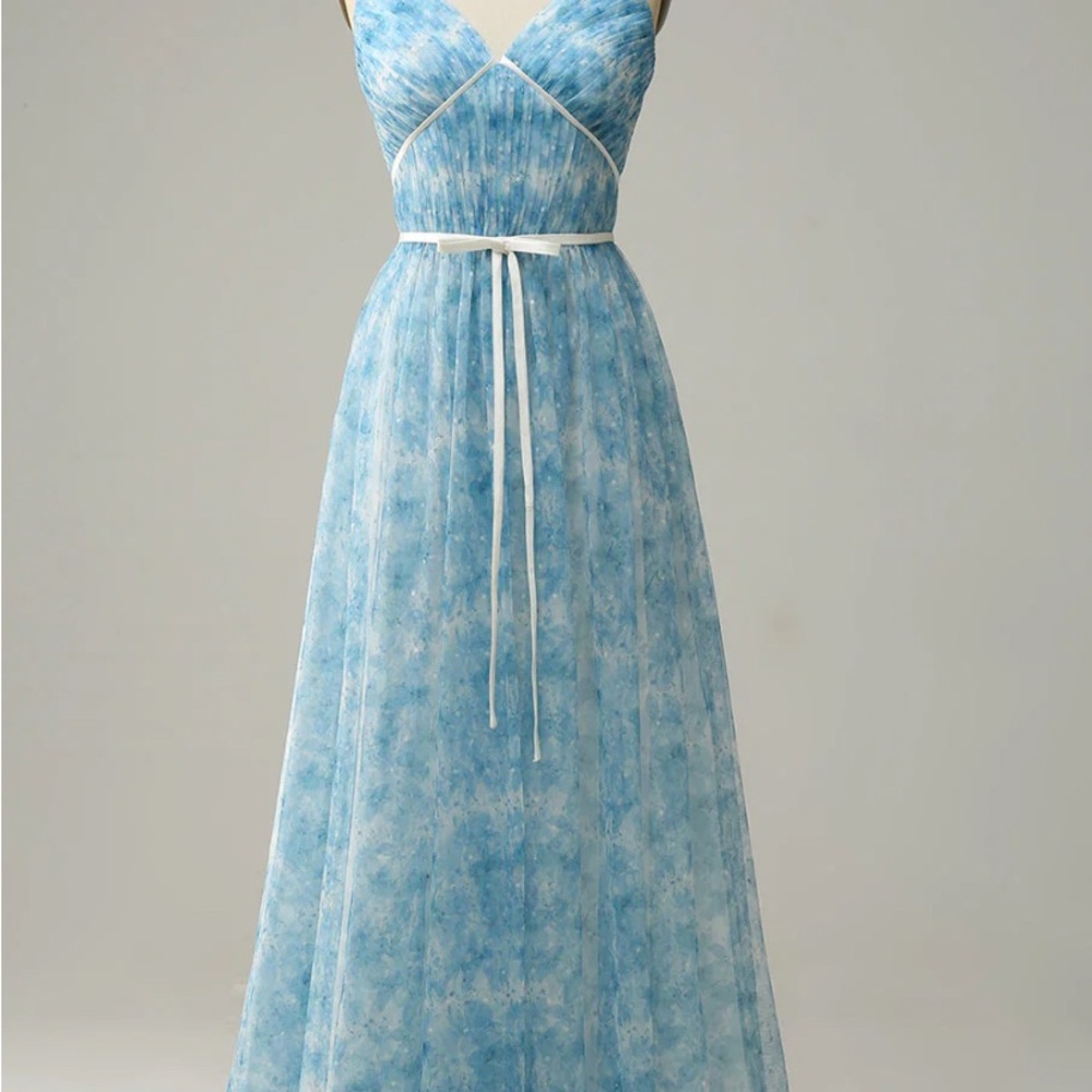 Blue and White Ruched V-Neck Sundress for Wedding